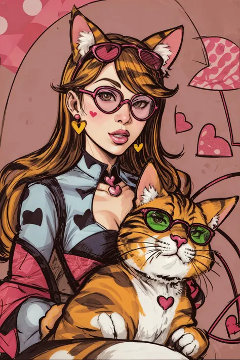 painting, portrait of antropomorphic cat, wearing sunglasses, no human, animal focus, (geometric, circles, hearts, polka dot), vector art, abstract background, patterns<lora:brittostyle:0.75> <lora:more_details:0.5>
