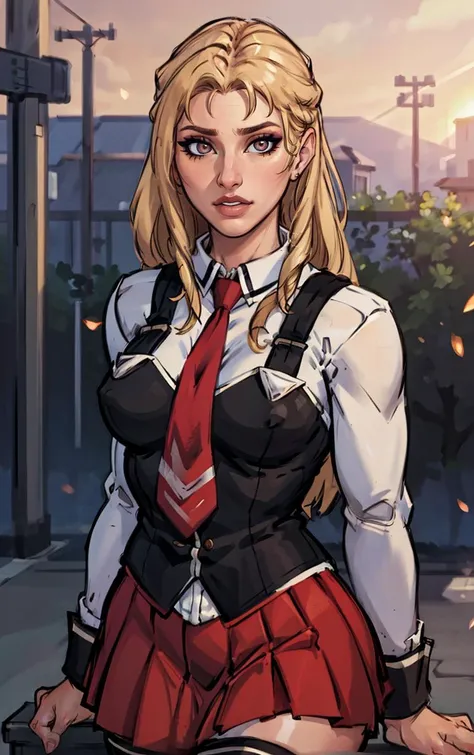 ((masterpiece, best quality)), insaneres, absurdres, solo, outdoors,
CLOTHING_BibleBlack_SchoolDress_ownwaifu,
1girl, blonde hair, long hair, blue eyes,
black vest, red skirt, white shirt, collared shirt, suspenders, school uniform, black thighhighs, zettai ryouiki, necktie, long sleeves, pleated skirt, red necktie,
(portrait, close-up)<lora:CLOTHING_BibleBlack_SchoolDress_ownwaifu:0.8>,
lens flare, depth of field, bokeh, embers, vanishing point, looking at viewer,