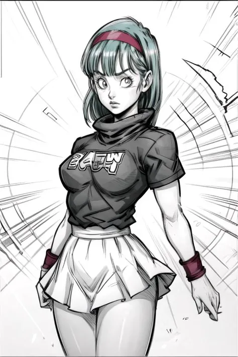 <lora:bulma_v1:0.75>, dragon ball, blmmid, aqua hair, medium hair, blunt bangs, red hairband, medium breasts, shirt, skirt,
<lora:add_detail:1.00>,
<lora:epiNoiseoffset_v2-pynoise:1.00>,
<lora:animeoutlineV4_16:1.00>, 
lineart, monochrome,