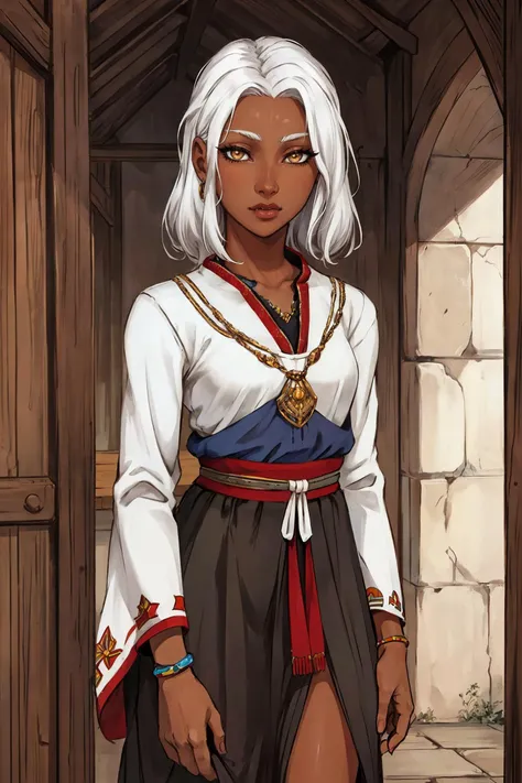 high quality, hd, clear, crisp, lovely picture of black girl, amber eyes, medieval, tribal clothes, young, dark skin, white hair