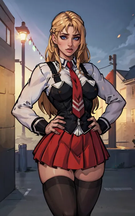 ((masterpiece, best quality)), insaneres, absurdres, solo, outdoors,
CLOTHING_BibleBlack_SchoolDress_ownwaifu, 
1girl, blonde hair,  long hair, blue eyes, 
black vest, red skirt, white shirt, collared shirt, suspenders, school uniform, black thighhighs, zettai ryouiki, necktie, long sleeves, pleated skirt, red necktie, 
(contrapposto, hand on hip)<lora:CLOTHING_BibleBlack_SchoolDress_ownwaifu:1>,
lens flare, depth of field, bokeh, embers, vanishing point, looking at viewer,