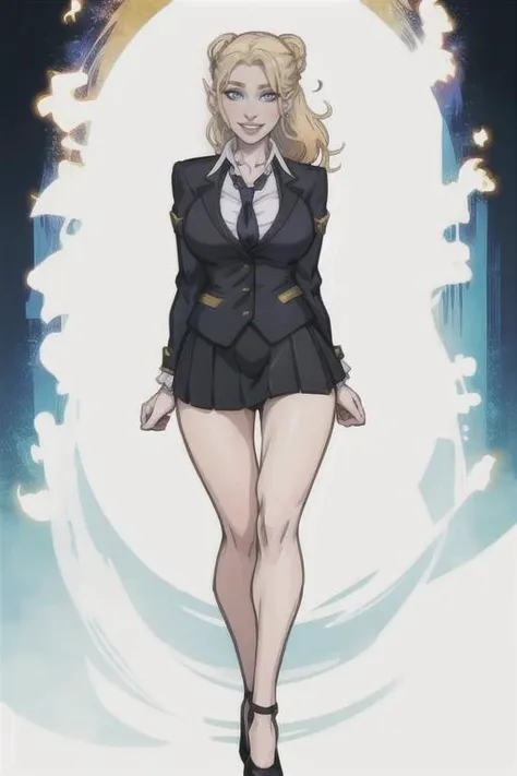 full body portrait, 2d, anime, hentai, dark theme, black background, pale skin, caucasian, woman, middle age, 42 year old, best quality, standing, arms behind back, suit jacket, collared shirt, black skirt, heavy gold collar, large breasts, narrow waist, fashionable for a Free Cities 3rd Grade Teacher, up in a tight bun hair, long blonde hair, blue eyes, natural eyebrows, [Austrian], (smile, grin, loving expression, looking at viewer), ear piercing