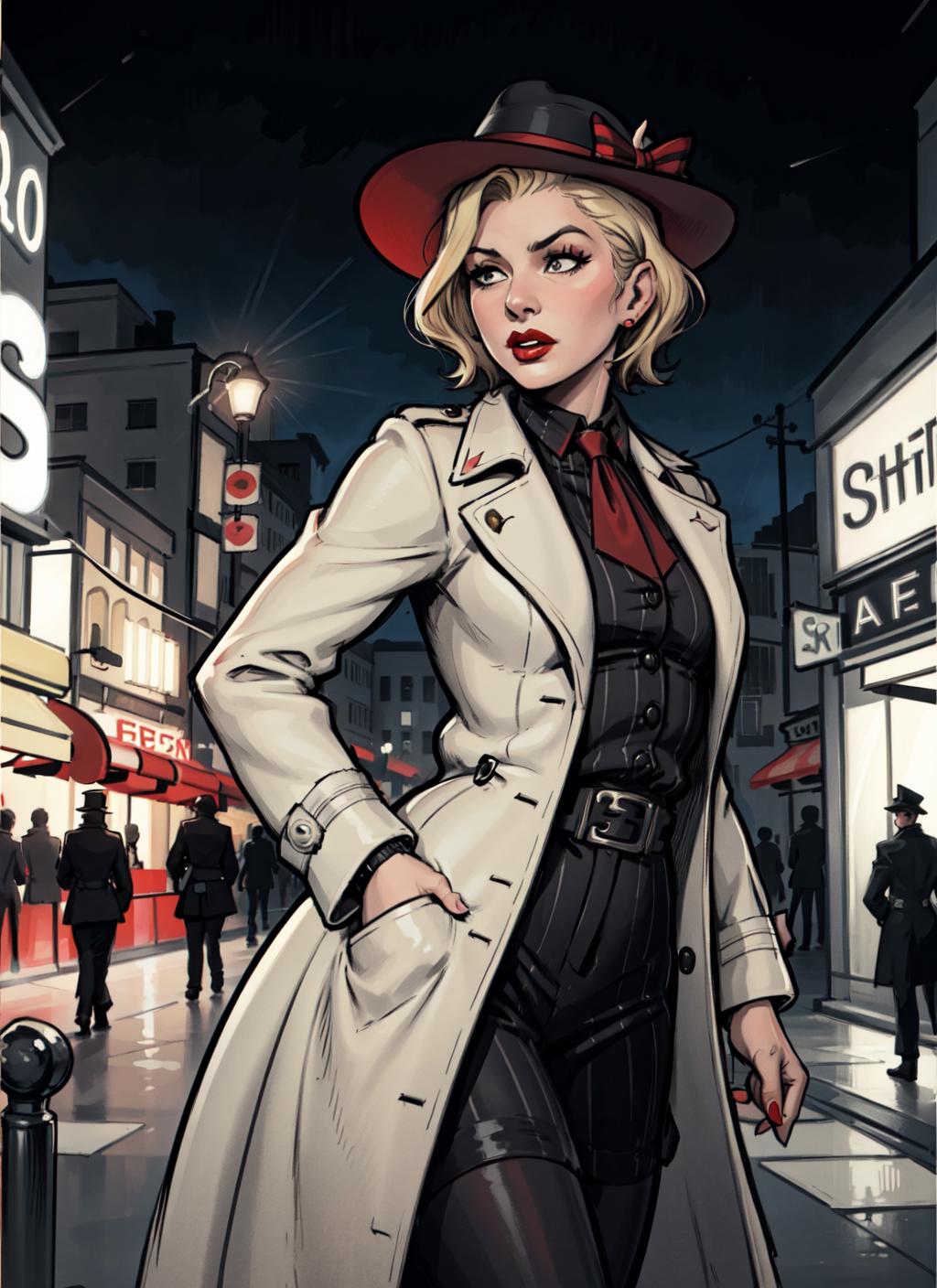 A woman in a trench coat and hat standing on a street - SeaArt AI