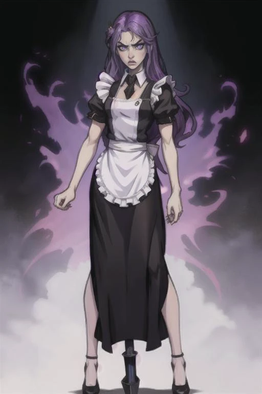 full body portrait, 2d, anime, hentai, dark theme, black background, pale skin, caucasian, girl, youthful adult, college age, 18 year old, standing, arms crossed, slim, maid, dress, apron, white shirt, small breasts, neat hair, long purple hair, amber eyes, natural eyebrows, [Portuguese], (angry, looking at viewer)