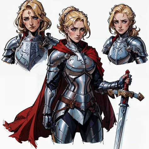 (finished masterpiece female knight with sword and shield), (surrounded by character design sketches:1.4), random poses, medieval fantasy, scribbles and marks, same face, white background, heavy armor, red cape, blond hair, hair tied back, 40 yo, wrinkle face, blemishes, exhausted, helmet on helmet off