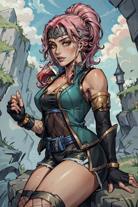 (masterpiece, best quality),  intricate details,
1girl,     <lora:IG_Leblancv3:0.8> qiyana \(league of legends\), 1girl, headband, jacket, shorts, ninja, fishnets, detached sleeves, fingerless gloves, pink hair, ponytail,