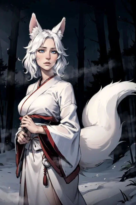 wavy short white hair, fox ears, blue eyes, mysterious, steaming breath, kitsune, fox tails, winter landscape, forest, night, soft, solo, realistic <lora:epi_noiseoffset2:0.9>