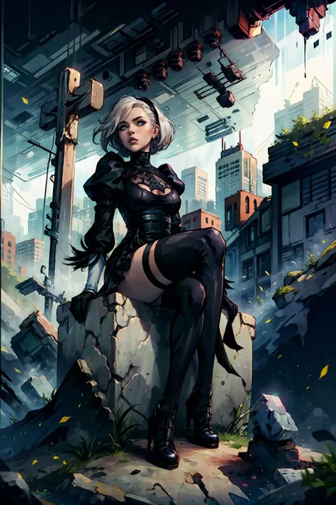 (masterpiece, best quality:1.3), 1girl, hm2b, curvy, blue eyes, clothing cutout, long sleeves, puffy sleeves, juliet sleeves, feather trim, black thighhighs, black gloves, black dress, black skirt, high heels, (very closeup:1.3), sits stone, cross-legged, from below, full body, postapoAI, green apocalypse, cloud, colorful <lora:add_detail:0.4> <lyco:GoodHands-beta2:1> <lora:y2b_v2-1:0.7> <lora:postapocalypseAI:0.4> <lora:Sun_and_Shadow:0.7> <lora:beautiful_detailed_eyes:0.8>