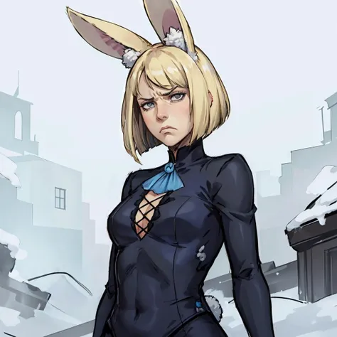 1girl, bob cut, (hair:1.2), condemnation, (frown:1.2), grey eyes, (big nose:0.6), (small chest:0.7), blue blouse, rigid, (white fluffy bunny ears:0.9), blonde, white skin, masterpiece, best quality
