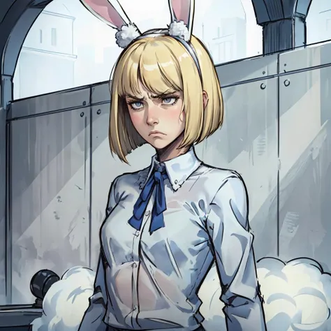 1girl, bob cut, (hair:1.2), condemnation, (frown:1.2), grey eyes, (big nose:0.6), (small chest:0.7), blue blouse, rigid, (white fluffy bunny ears:0.9), blonde, white skin, masterpiece, best quality