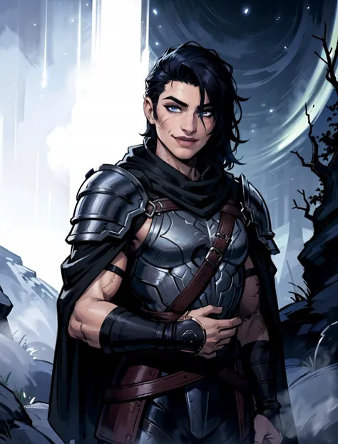 young muscular wild fighter man, narrow shoulders, smiling, black short backcombed hair,black cloak, straps, inside deep forest, (((night))), blue eyes, chin scar, arm hair, leather wrist armor, northern lights, (detailed eyes), (medeival), realistic