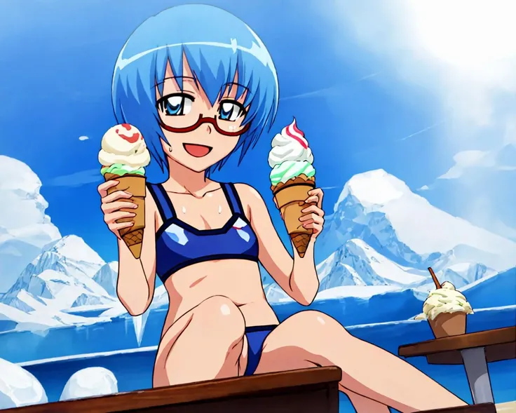 solo, cinematic lighting, , shiny skin, dutch angle, looking at viewer,  nearby seashore, cameltoe,, sandals, sitting,  ice cream, (holding ice cream cone:1.2), soft_serve, sweaty_skin, :D, <lora:tabithaV1:0.6>,tabitha,The Familiar of Zero,15_year_old_girl,Poker-faced, short hair,blue_hair, red-framed eyewear, glasses,under-rim eyewear, semi-rimless eyewear, blue_eyes,swimwear,swimsuit,