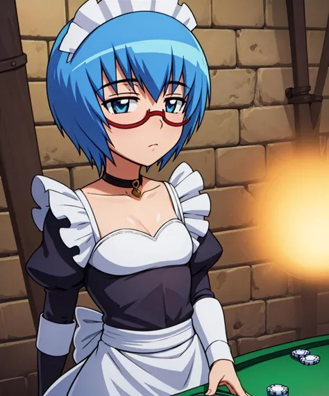 {{masterpiece}},{{best quality}},{{high resolution}},{{caustics}},{{detailed}}, ,standing,
tabitha,The Familiar of Zero,15_year_old_girl,Poker-faced, short hair,blue_hair,short hair, red-framed eyewear, glasses,under-rim eyewear, semi-rimless eyewear, blue_eyes,(Poker-faced:1.2),
maid,brown maid dress,
<lora:tabithaV1:0.6>