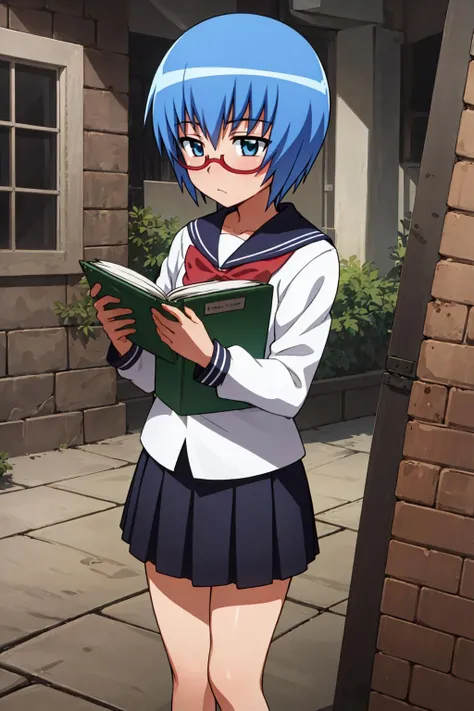 {{masterpiece}},{{best quality}},{{high resolution}},{{caustics}},{{detailed}},a girl walking ,anime colored, 1girl,wind, street, outside,grassland, ,eye contact,
<lora:tabithaV1:0.6>,tabitha,The Familiar of Zero,15_year_old_girl,Poker-faced, short hair,blue_hair,short hair, red-framed eyewear, glasses,under-rim eyewear, semi-rimless eyewear, blue_eyes,
pentacle, book, thighhighs, cape, staff,school uniform, long sleeves,slirt,white shirt,,wand,