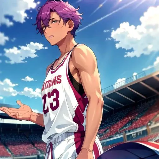 <lora:AdonisOtogari-03:0.77>, adonis_es, outdoors, parted lips, sky, cloud, tank top, rain, open hands, basketball uniform