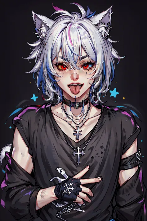 solo, looking at viewer, open mouth, blue eyes, shirt, red eyes, gloves, 1boy, animal ears, hair between eyes, jewelry, upper body, white hair, male focus, teeth, choker, tongue, black gloves, artist name, tongue out, fingerless gloves, necklace, star, (symbol), collar, animal ear fluff, black shirt, heterochromia, fangs, watermark, black choker, cross, bandaid, red background, cross necklace, finger in own mouth, mouth pull, <lora:GothConcepts:0.8>