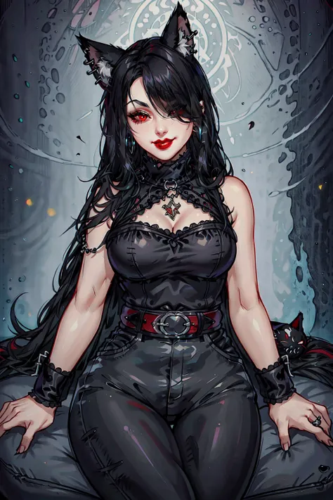 1girl, solo, long hair, breasts, looking at viewer, smile, black hair, red eyes, animal ears, jewelry, medium breasts, sitting, earrings, belt, pants, hair over one eye, makeup, black pants, piercing, lipstick, hoop earrings, red lips, gothic, <lora:GothConcepts:0.8>