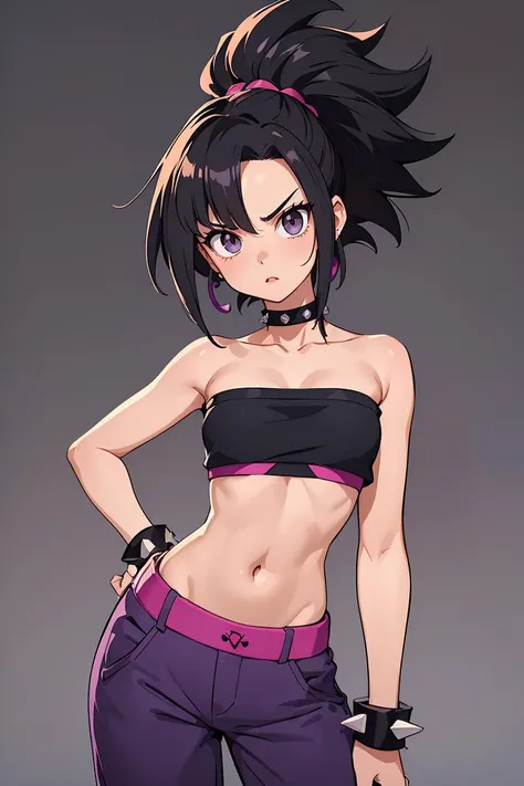 (masterpiece, best quality), 1girl, <lora:DBS_Caulifla_v1:1> caulifla, 1girl, solo, black hair, black eyes, spiked hair, big hair, super saiyan, grey eyes, bare shoulders, midriff, pnk top, crop top, strapless, tube top, bandeau, purple pants, baggy pants, puffy pants, black wristband,
