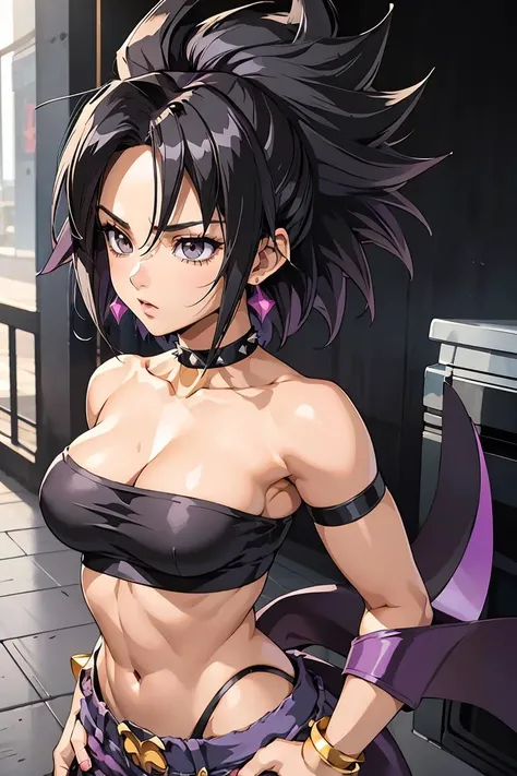 (masterpiece, best quality), 1girl,  <lora:DBS_Caulifla_v1:1> caulifla, 1girl, solo, black hair, black eyes, spiked hair, big hair, super saiyan, grey eyes,  bare shoulders, midriff, pnk top, crop top, strapless, tube top, bandeau, purple pants, baggy pants, puffy pants, black wristband,