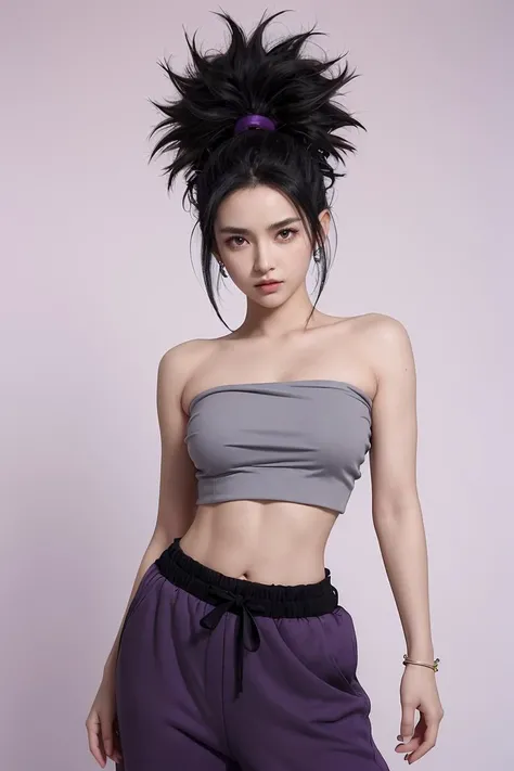 (masterpiece, best quality), 1girl, <lora:DBS_Caulifla_v1:1> caulifla, 1girl, solo, black hair, black eyes, spiked hair, big hair, super saiyan, grey eyes, bare shoulders, midriff, pnk top, crop top, strapless, tube top, bandeau, purple pants, baggy pants, puffy pants, black wristband,