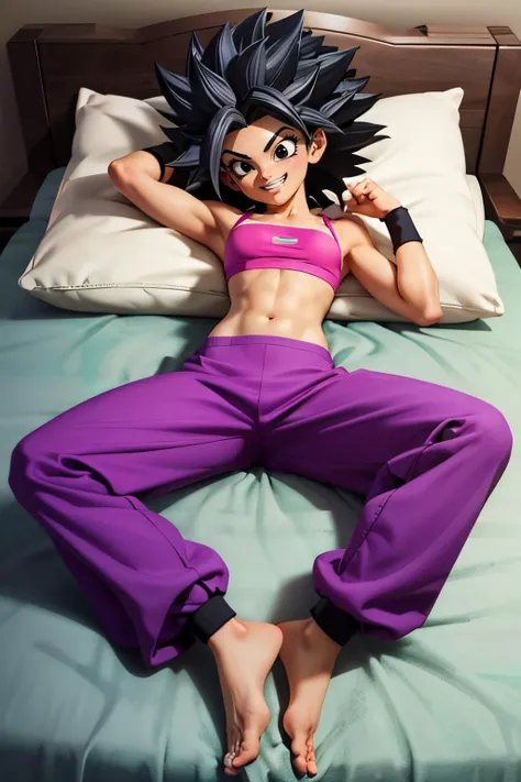 caulifla, spiked black hair, black eyes, big hair,black eyes, bare shoulders, midriff, pink bandeau, purple baggy pants, black wristband, looking at viewer, seductive smile, grin, lying, on back, hands behind head, on large bed, legs raised, from_above, high quality, masterpiece, <lora:DBS_Caulifla_v1:.8>