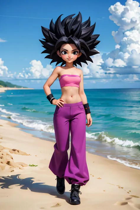 caulifla, spiked black hair, black eyes, big hair,black eyes, bare shoulders, midriff, pink bandeau, purple baggy pants, black wristband, black footwear, looking at viewer, smiling, standing, full body shot, outside, beach, ocean, stars, high quality, masterpiece, <lora:DBS_Caulifla_v1:.8>