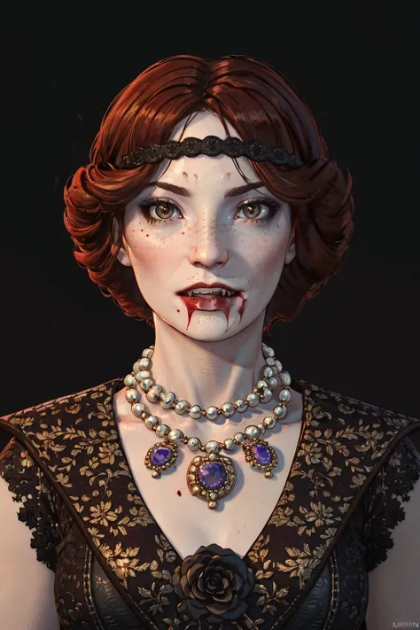 (masterpiece, best quality:1.2), <lora:orianna-18:0.7>, oriannaW3_soul3142, 1girl, solo, looking at viewer, short hair, brown eyes, jewelry, red hair, pearl necklace, lips, fangs, blood, black background, portrait, freckles, dark