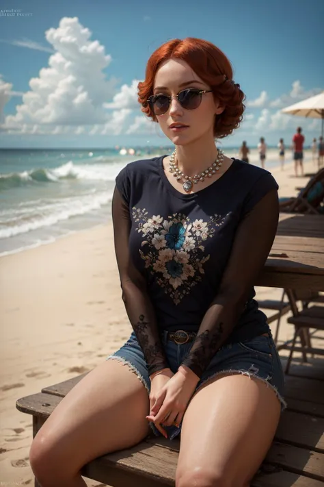 (masterpiece, best quality:1.2), <lora:orianna-18:0.6>, oriannaW3_soul3142, 1girl, solo focus, red hair, sunglasses, tshirt, shorts, beach, sitting, seascape, clouds, waves