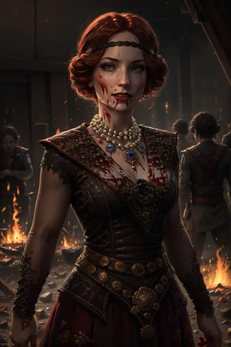 (masterpiece, best quality:1.2), <lora:orianna-18:0.7>, oriannaW3_soul3142, 1girl, short hair, red hair, long sleeves, dress, pearl necklace, hair bun, blood, fire, headband, blood on face, blood on clothes, blood on hands,