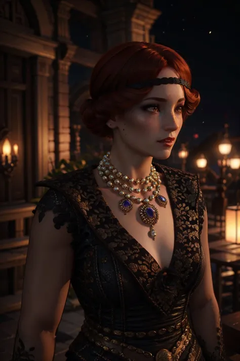 (masterpiece, best quality:1.2), <lora:orianna-18:0.7>, oriannaW3_soul3142, 1girl, short hair, dress, jewelry, red hair, parted lips, pearl necklace, hair bun, lips, freckles, night, dark , side view