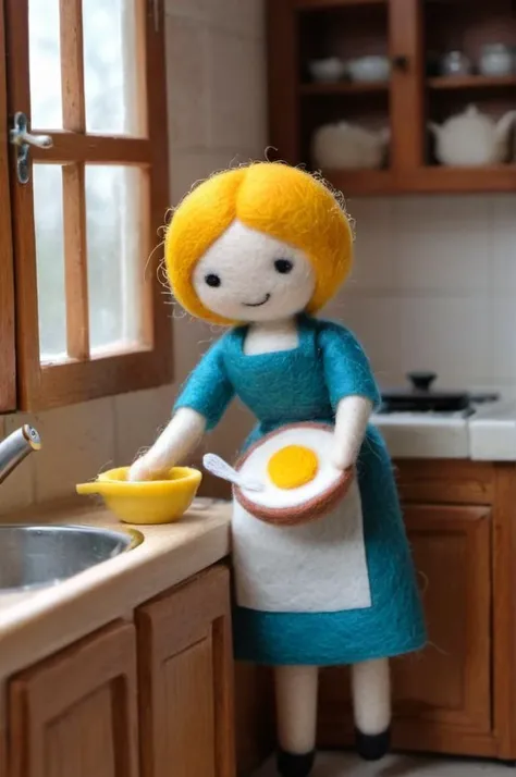 <lora:ç¾æ¯æ¯¡:0.6> Wool felt doll, felt, wool felt, , A highly detailed mother in her kitchen preparing meal, window sunny day, happy, smiling,