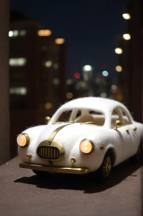 <lora:ç¾æ¯æ¯¡:0.6> Wool felt doll, felt, wool felt, , white and brass science fiction hovering industrial luxury car by a downtown hotel, science fiction, night time, volumetric light, dystopian vibes, dutch angle, cinematic angle