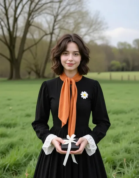 a high-resolution photograph featuring a young woman standing in a field, likely in a rural setting, she has light skin and short, tousled brown hair with a slight wave, framing her face, her expression is neutral, with a hint of a smile, and she has large, expressive eyes, she is dressed in a black, long-sleeved dress with a high collar and a white lace trim around the neckline, the dress has a fitted bodice and a full skirt, and the sleeves are adorned with white lace cuffs, she wears an orange scarf tied around her neck, which is tied in a neat knot, and a small, white flower brooch is pinned to her left breast pocket, in her hands, she holds a small black box with a white ribbon around it, which she is holding with both hands, the box appears to be made of a glossy material, possibly paper or fabric, and is slightly crumpled, suggesting recent use, the background consists of a lush, green field with tall, leafless trees and a clear blue sky, indicating a serene, natural setting, the overall mood of the photograph is peaceful and contemplative, evoking a sense of historical or historical context