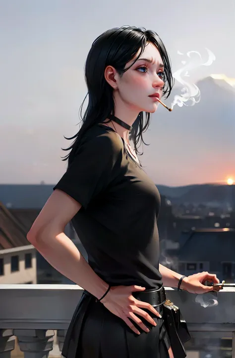 HDR, CG, sharp focus,(8k), (4k), (Masterpiece), (Best Quality), fantasy, extremely detailed, intricate, hyper detailed, (perfect face), illustration, from side,soft lighting,(specular lighting:1.4), highres, absurdres,(realistic:1),(skindentation:1.3),(photorealistic face:1.2),best quality, 1girl, Doomergirl, solo, brown eyes, (tired eyes, dark bags under eyes), black hair, long hair, dark skin, hairclip, black shirt, blue skirt, school shoes, smug, cowboy shot, standing on a balcony ((smoking a cigarette)), smoke, holding cigarette, on a rainy day <lora:DoomerGirl Char:0.7> <lora:BagsUnderEyes_v10:0.5>