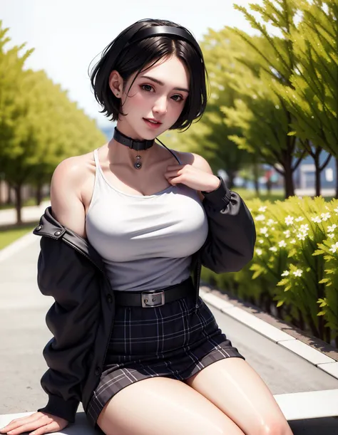 masterpiece, best quality,cgi, (realistic), extreme detail, 8k,dim lighting, 1girl, perfect face, extreme detail, <lora:DoomerGirl:0.70>, doomergirl sitting on bench in park holding pop,wearing white shirt and plaid chequered skirt, hands between legs choker, smiling ,happy, open mouth, belt ,thick thigs box of milk, people in background, hairband, jacket, bag