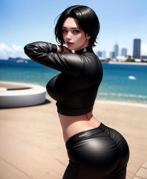 masterpiece, best quality,cgi, (realistic), extreme detail, 8k, 1girl, perfect face, extreme detail,, <lora:DoomerGirl:0.7>, doomergirl standing outside on balkony overlooking harbor, leaning, wearing black hoodie and yoga pants, from behind, ass focus, choker, short black hair, smoking cigarette, goth makeup, (visible buttcrack), (skingtight clothing), arms above head, stretching, highleg panties