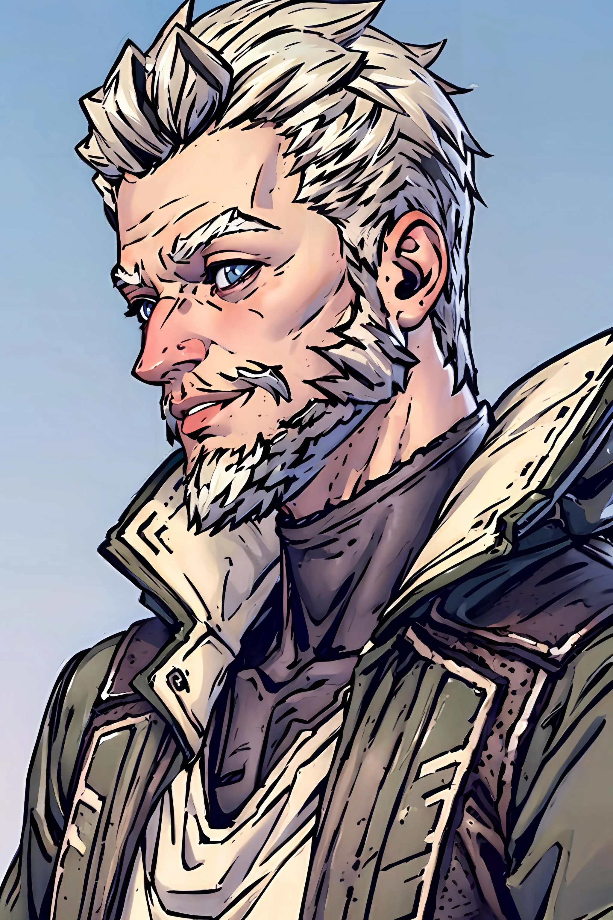 1boy, old man, facial hair, beard, white_hair, portrait, upper body, looking at viewer, smiling, furrowed eyebrows, <lora:zane_borderlands_3_lora:0.6>