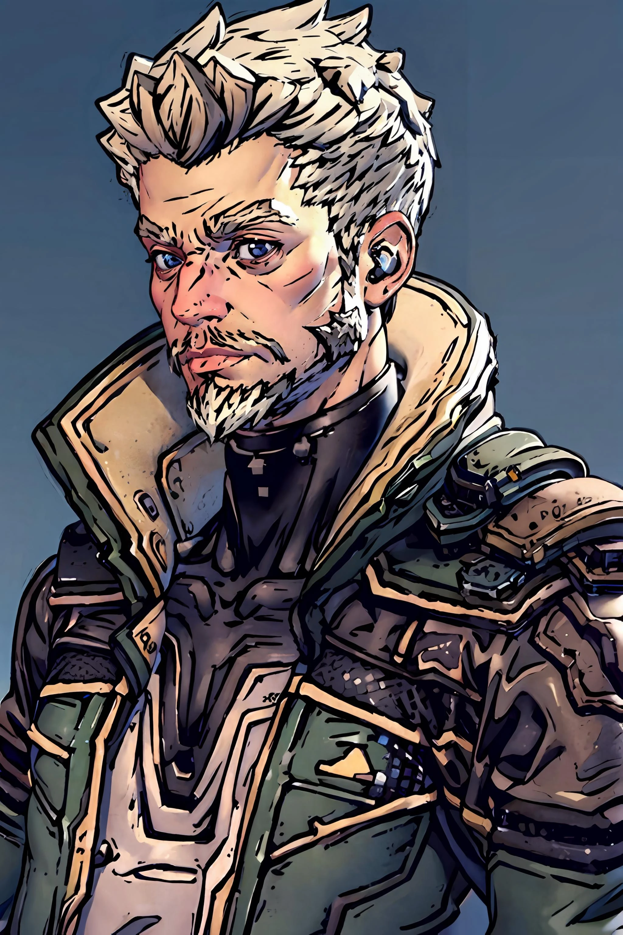 portrait, upper body, solo, looking at viewer, short hair, 1boy, jacket, upper body, male focus, facial hair, scar, beard, mustache, <lora:zane_borderlands_3_lora:0.8>