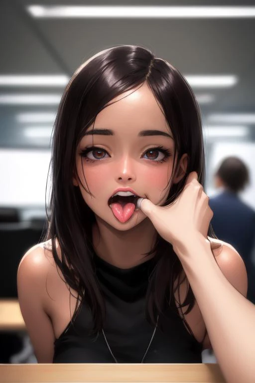 (Photo:1.3) of (Ultrarealistic:1.3) <lora:lora_office_3:0.8>, crowd, crowded office, many people in background, <lora:fingerinmouth:1>, (finger in another's mouth:1.1), open mouth, tongue, teeth, tongue out, pov,Highly Detailed, RAW candid cinema, 16mm, color graded portra 400 film, remarkable color, ultra realistic, textured skin, remarkable detailed pupils, realistic dull skin noise, visible skin detail, skin fuzz, dry skin, shot with cinematic camera