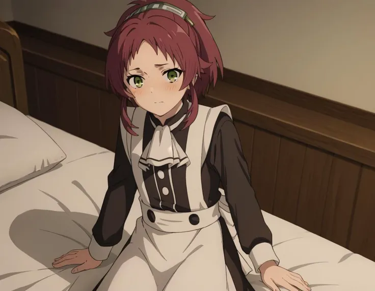 score_9, score_8_up, score_7_up, source_anime,
aishagreyrat, <lora:aisha-greyrat-s2-ponyxl-lora-nochekaiser:1>,
aisha greyrat, green eyes, ponytail, red hair,
long sleeves, apron, maid, ascot, white apron, white ascot,
indoors, bed, bed room, on side, blush, drunk,
solo, dutch angle, looking at viewer, cowboy shot,