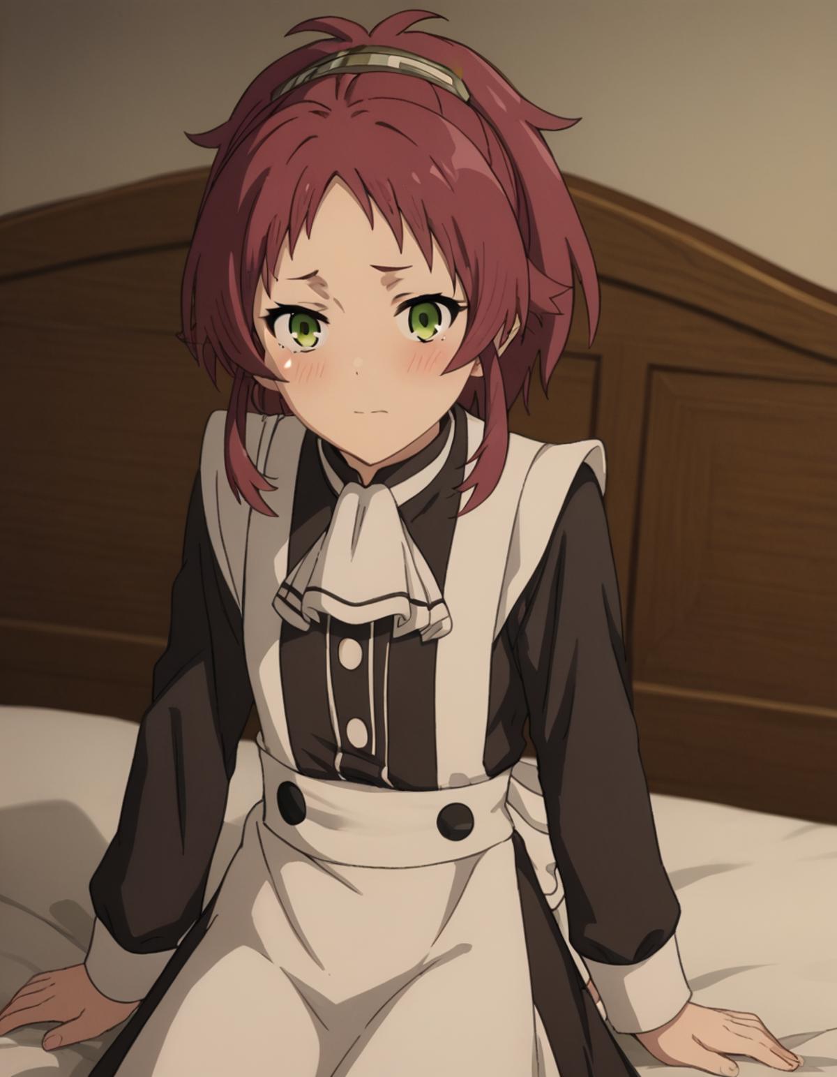 Anime character sitting on a bed with a white and black dress - SeaArt AI