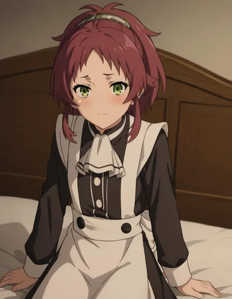 score_9, score_8_up, score_7_up, source_anime,
aishagreyrat, <lora:aisha-greyrat-s2-ponyxl-lora-nochekaiser:1>,
aisha greyrat, green eyes, ponytail, red hair,
long sleeves, apron, maid, ascot, white apron, white ascot,
indoors, bed, bed room, on side, blush, drunk,
solo, dutch angle, looking at viewer, cowboy shot,