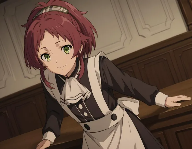 score_9, score_8_up, score_7_up, source_anime,
aishagreyrat, <lora:aisha-greyrat-s2-ponyxl-lora-nochekaiser:1>,
aisha greyrat, green eyes, ponytail, red hair,
long sleeves, apron, maid, ascot, white apron, white ascot,
indoors, bent over, smile,
solo, dutch angle, looking at viewer, cowboy shot,