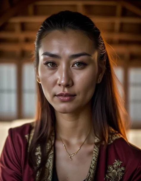 a 30yo, 30 years old mongolian woman
highly detailed mid shot portrait photo, sharp focus on eyes, cinematic lighting