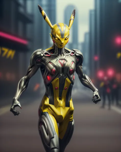 A Ultron|(Pikachu:1.3) hybrid running a marathon captured in a photograph, life-like depiction, Ultron moving with athletic speed, contrast between runners' outfits and Ultron's armor, background showing spectators and cityscapes, (HD quality:1.1), (rich color grading:1.2), (naturalistic:1.3), (motion blur:1.2), (realism:1.2)