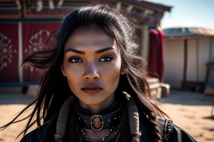 kkw-ph1 (<lora:MongolPunkAI:0.8>, MongolPunkAI, mongolian steppe nomad, 1girl, 1girl (punk/goth/metal)) BREAK (((photorealistic)), medium breasts), beautifully detailed woman, realistic face, detailed mouth, extremely detailed eyes_and_face, beautiful attractive face, beautiful detailed eyes, pronounced feminine feature, skin pores, perfect body , (photorealistic), full body shot