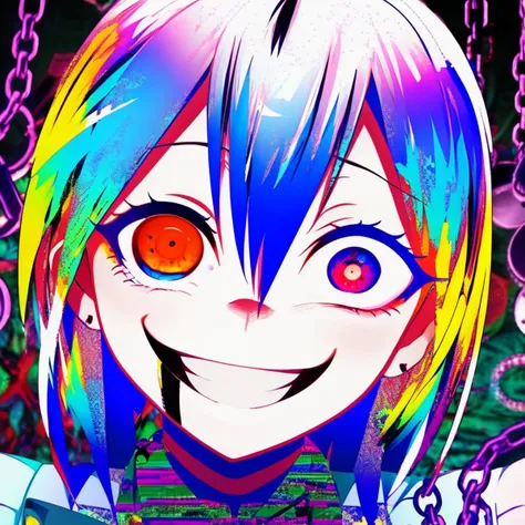 1girl, blue hair, provocative smile, closed mouth, (evil:1.2), heterochromia, portrait, glitchcore, chains, <lora:glitchcore:0.9> <lora:yameroyandere-v2:0.8> yameroyandere, constricted pupils, yandere, empty eyes, shaded face, crazy eyes, glowing eyes, crazy smile, dark