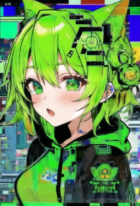 tmasterpiece,Best picture quality,Girl graffiti against the wall(scribbles: 2),paint splatter,Behind the arm,against a wall,face to the viewer,Tilt your head and smile,White color hair,green-eyed,Earphone,(Green and black are the main tones:3)