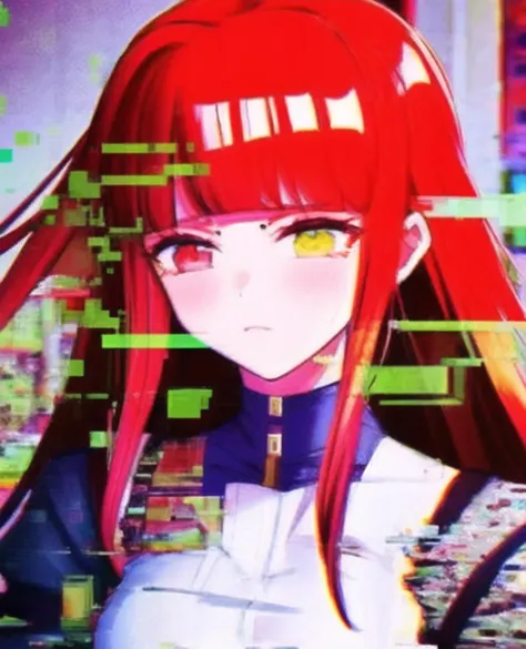 <lora:glitchcore:0.8> glitchcore, 1girl, portrait, perfect composition, long hair, red hair