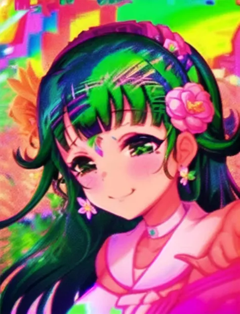 <lora:glitchcore:0.9> glitchcore, 1girl, long hair, flower in her hair